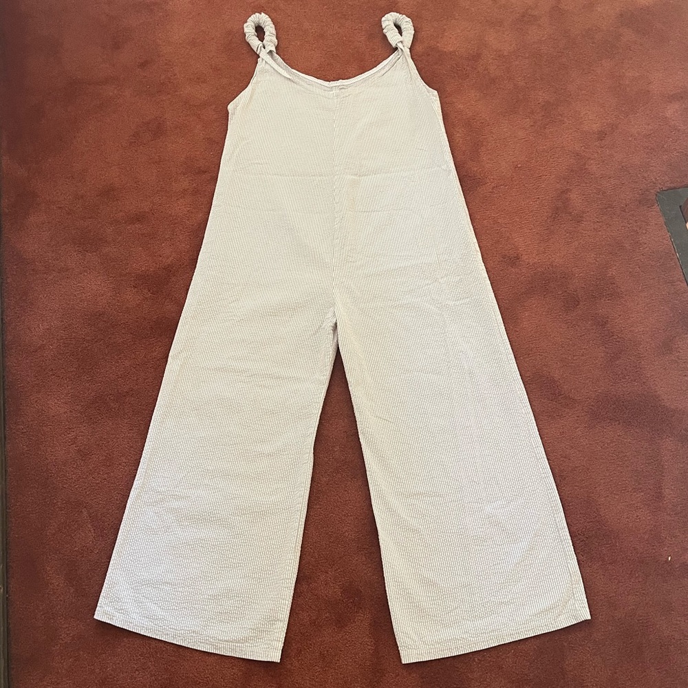 Beachwood Baby - the linen jumpsuit (striped natural tan and white)